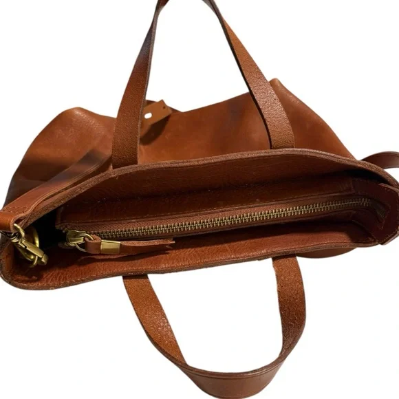 Madewell Small Transport Leather Crossbody Tote Suede Stripe Brown Maple Syrup